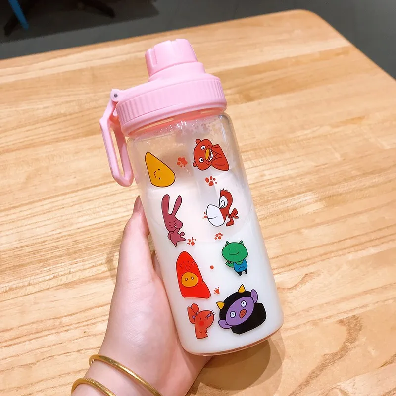 Pink Green Frog Лимонная соломенная стеклянная бутылка креативные портативные спортивные бутылки с водой смешивая бутылка для питья сока для студента детская бутылка 500 мл - Цвет: Pink Green Frog