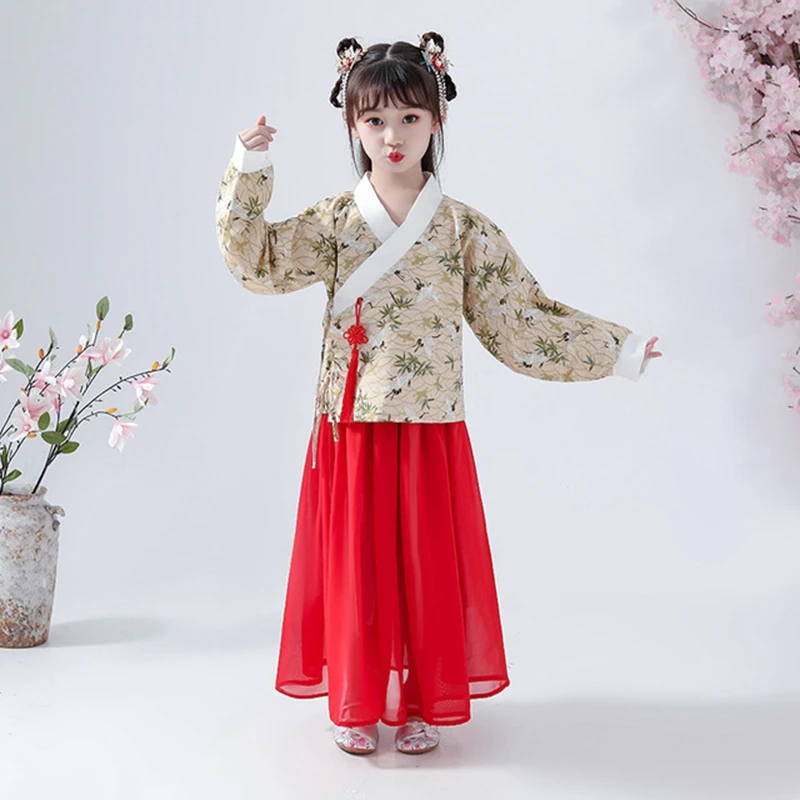 Hanfu/платье для девочек с рисунком журавля г. Осенне-зимняя новая улучшенная юбка для кроссдресса костюм для девочек феи, милый костюм в китайском стиле