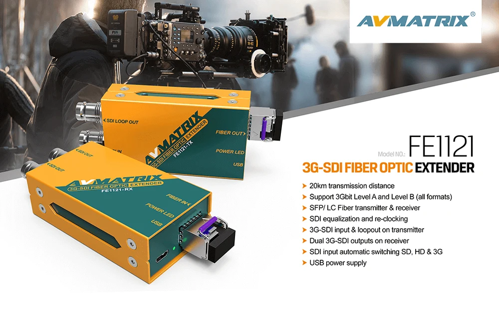 AVMATRIX FE1121 3g-SDI оптоволоконный удлинитель 20 км локальный SDI Loop Out и два выхода SDI и поддерживает сигналы 3g/HD/sd SDI