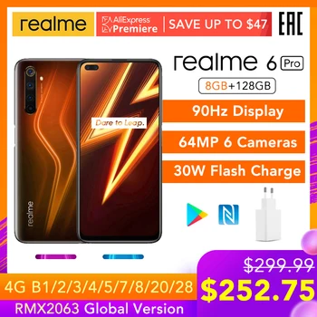 Перейти на Алиэкспресс и купить Realme 6 Pro 8 ГБ ОЗУ 128 Гб ПЗУ 6pro глобальная Версия Мобильный телефон Snapdragon 720G 30 Вт Быстрая зарядка 64 мп камера Оригинальная штепсельная вилка ЕС ...