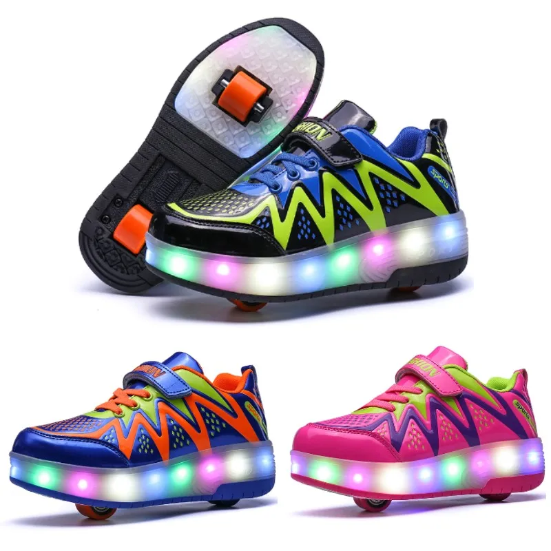 

Boys Girls Children LED Flashing Noctilucent Outdoor Lamp Shoes Two Wheels Kids Roller Skate Shoes Kyrie 4 Kids Sneakers as Gift