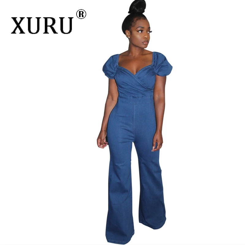 XURU European and American classic new jumpsuit sexy blue V-neck strapless long | Женская одежда
