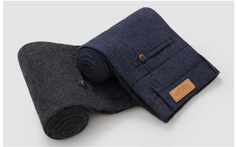 Autumn Winter High Quality Cotton Linen Solid Color Casual Pants Pocket Leather Medal Badge Men's Business Fashion Slim Trousers