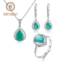 GEM'S балетные 925 пробы драгоценности из серебра и камней набор натуральный зеленый агат кулон серьги кольцо набор для женщин хорошее ювелирное изделие