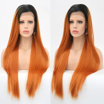 

Dark Roots Ombre Orange Straight Synthetic Lace Front Wig Heat Resistant Fiber Hair Natural Hairline Free Parting For Women Wigs