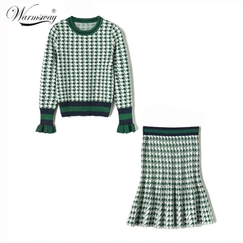 

New Contrast Color Gold Thread Thousand Bird Pattern Auricle Sleeve O-Neck Elegant Sweater Skirt Suit Women C-060