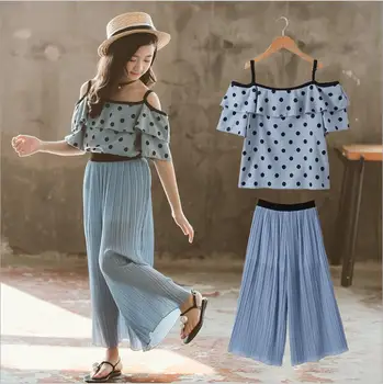 

Teenage Girl Outfits 2020 Summer Girls Blue Dots Chiffon Sets Strapless Top With Pants Kids Sets Wholesale