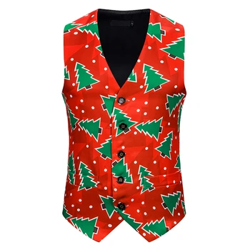 

Funny Snowflake Xmas Tree Printed Formal Christmas Vest for Men Holiday Party Men's Single Breasted Red Christmas Vest Plus Size