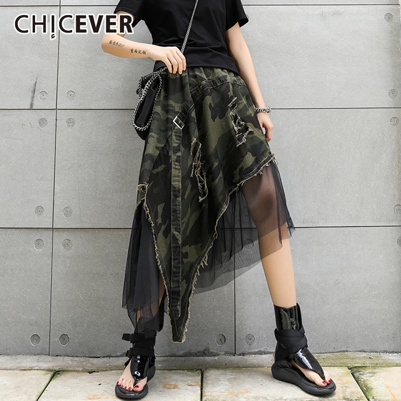 

CHICEVER Summer Mesh Patchwork Perspective High Waist Skirt For Women Hem Asymmetrical Female Skirts 2019 Fashion New Casual