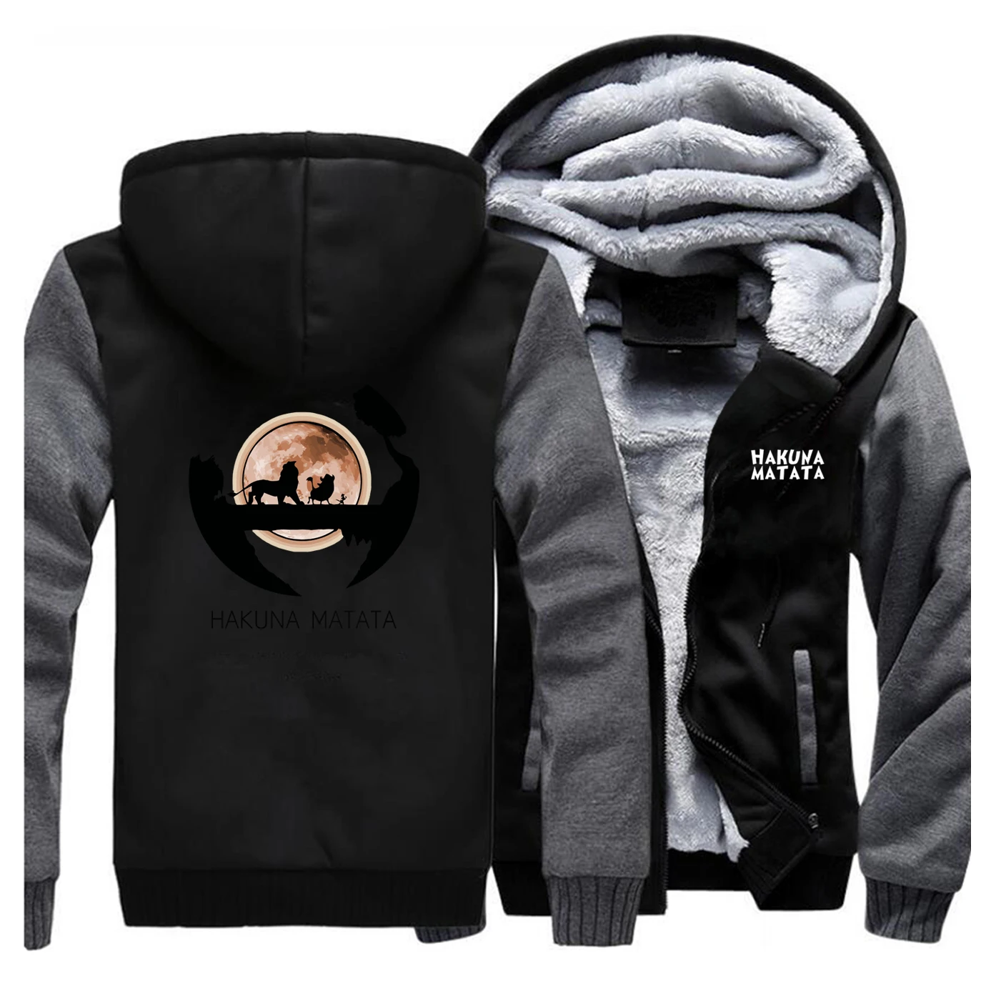 Мужские куртки «Король Лев», толстовки с капюшоном Simba Pumbaa Timon, зимние теплые флисовые пальто на молнии, спортивная одежда, верхняя одежда из фильма - Цвет: Dark Gray Black