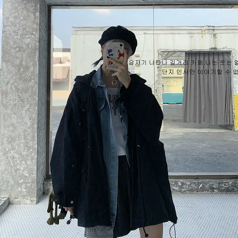 Neploe Harajuku джинсовая Лоскутная куртка на молнии, Двухслойное пальто большого размера с воротником, уличная одежда, имитация двух частей, куртки унисекс 55665