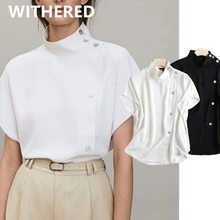 

Maxdutti england fashion blouse women solid simple causal turtleneck buttons off-shoulder blusas mujer de moda 2021 shirt tops