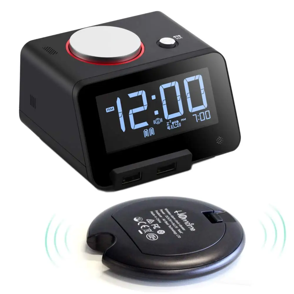 BLACK Домашний Громкий будильник с шейкером для тяжелых Спящих, 2 usb порта для зарядки, вибрирующие часы с автоматическим затемнением - Цвет: BLACK