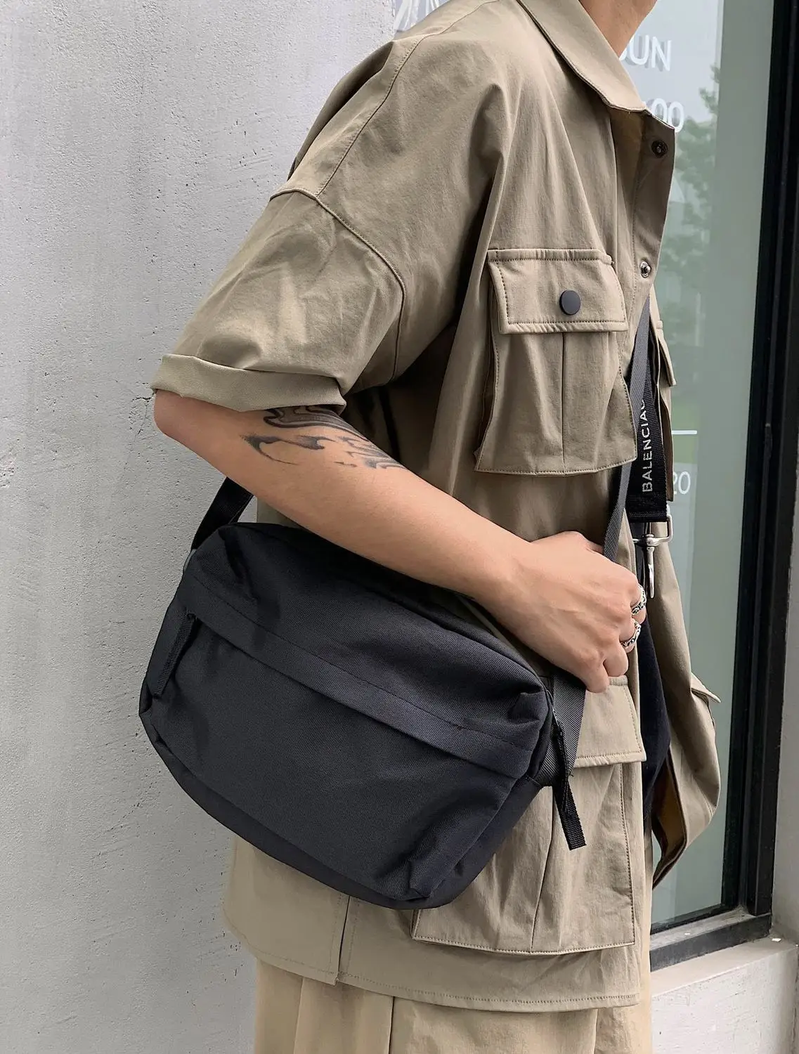Crossbody Bags Men Simple Solid Black Harajuku Shoulder Bag Canvas 