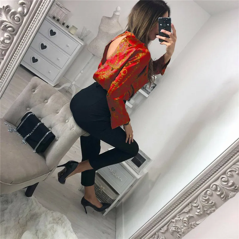 Vintage Fashion Womens Rompers Jumpsuit Long Sleeve Chain Print V-neck Shirt Ladies Clubwear Party Sexy Satin Bodysuits Tops
