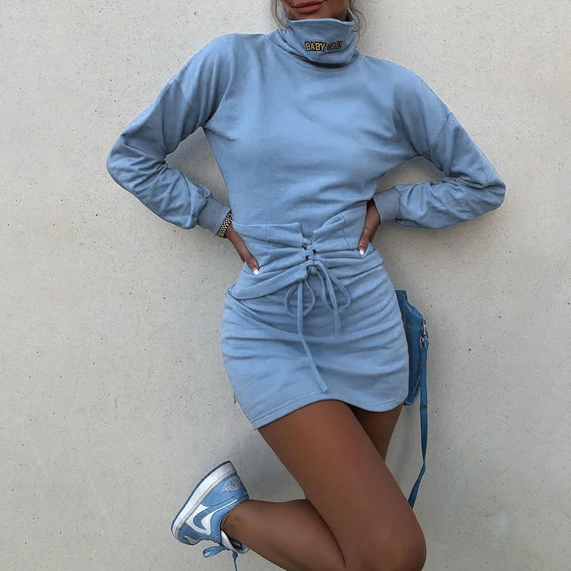 

European and American Autumn New Fashion Solid Color High Neck Dress Long Sleeve Sexy Waist Strap Sweater Skirt Women