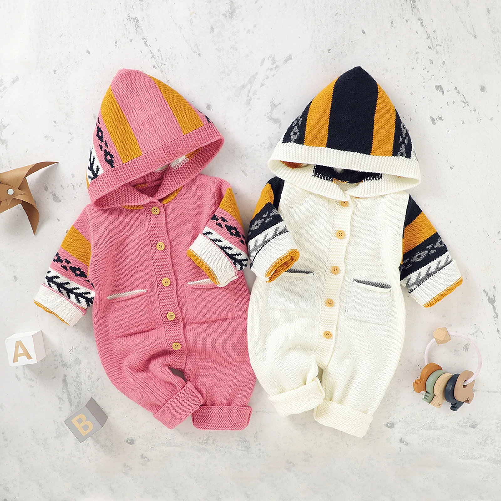

Lovely Baby Knitted Romper Autumn Winter Clothing Long Sleeve Hooded Collar Long Pants Button Jumpsuit with Pockets
