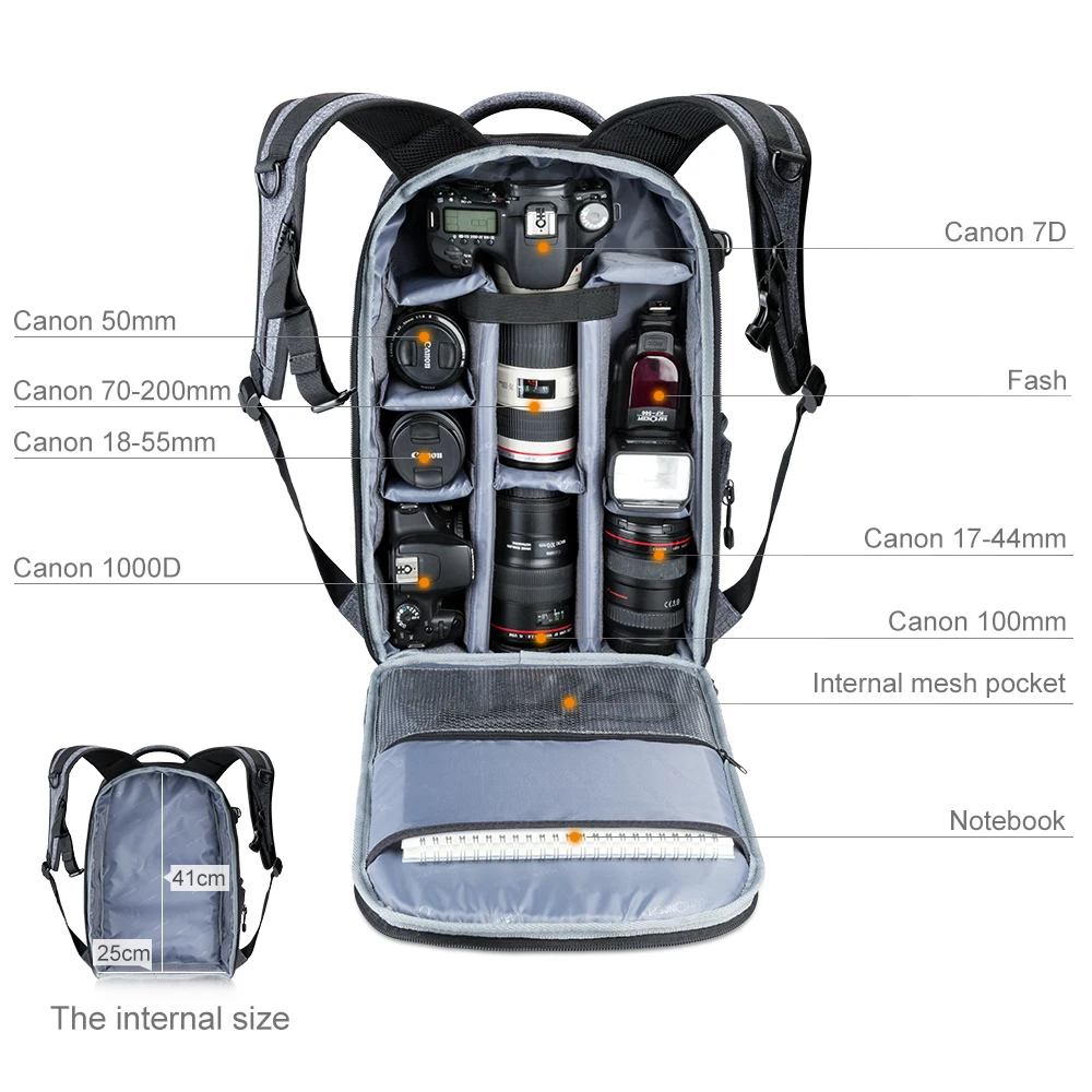  K&F CONCEPT Camera Backpack Waterproof Universal Travel Bag Padded High Capacity Hold Tripod Straps