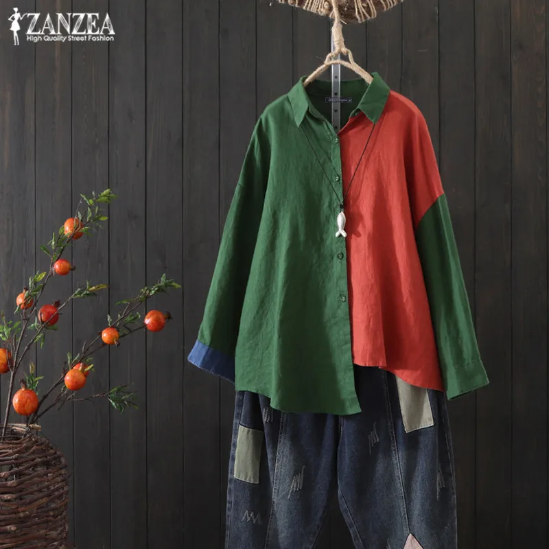  Top Fashion 2019 ZANZEA Casual Patchwork Blouse Autumn Women Long Sleeve Shirts Spring Lapel Cotton