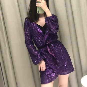 

Summer women's dress casual solid color sequin belt decoration V-neck long sleeve dress Vestidos