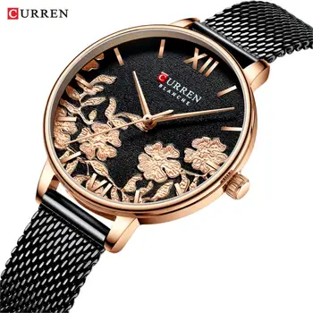 

CURREN Women Watches Black Fashion Classy Quartz Stainless Steel and Leather Strap Watch Ladies Relogios Feminino Flower Clock