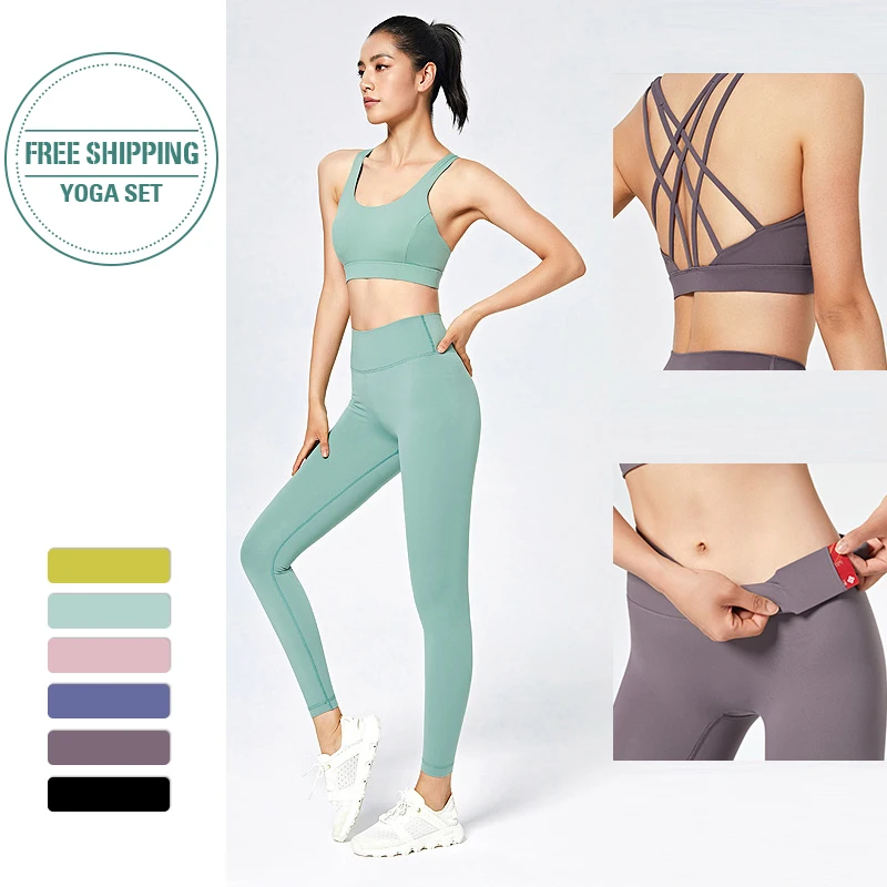 

Bra + Pants 2 Pcs yoga set Fitness Sports Suits GYM Women Suits High Waist Running Leggings Pocket Workout Leggin Sport Clothing