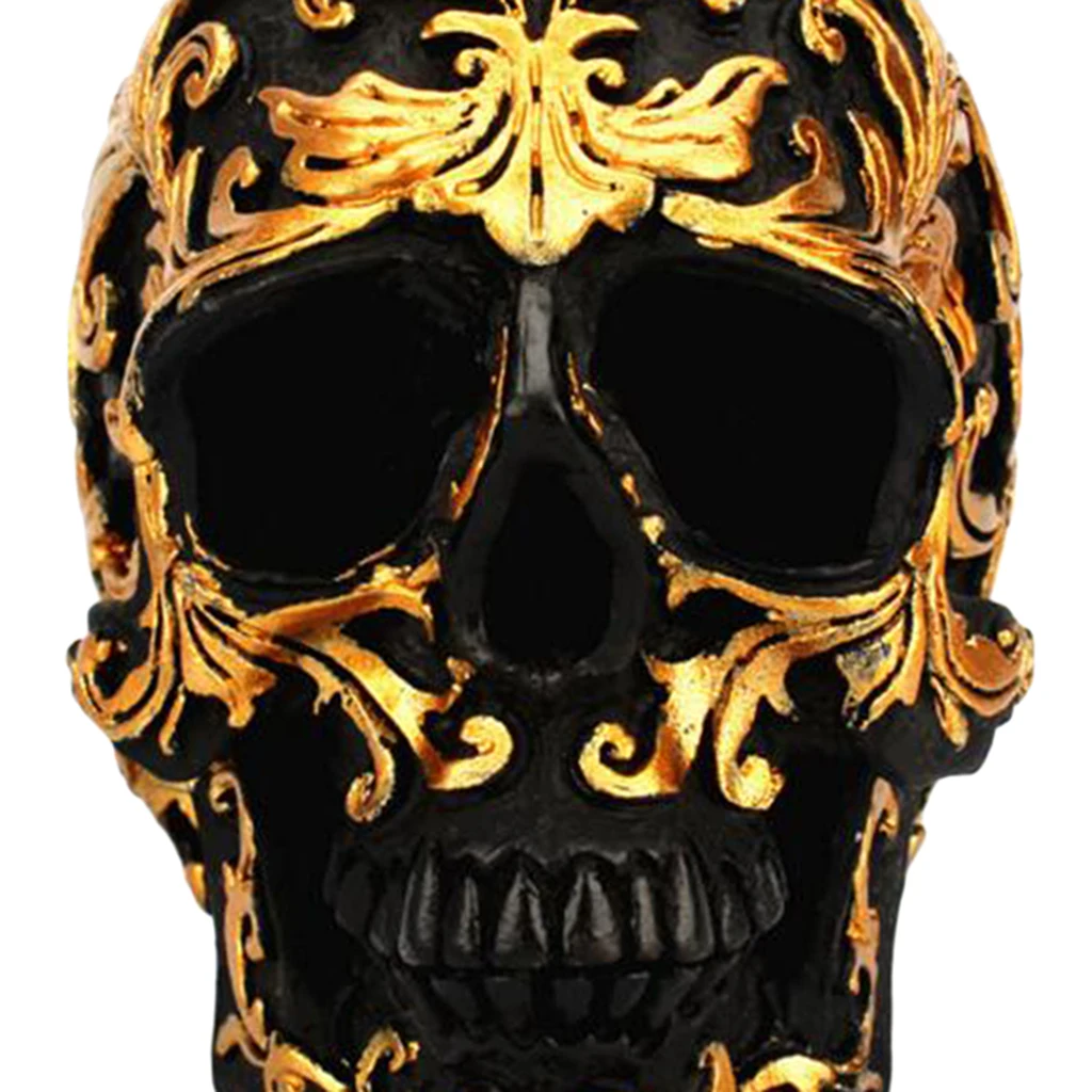Resin Halloween Resin Skull Statue Skull Head Sculpture with Golden Flower Sign, Suitable for Home Office Table Decoration