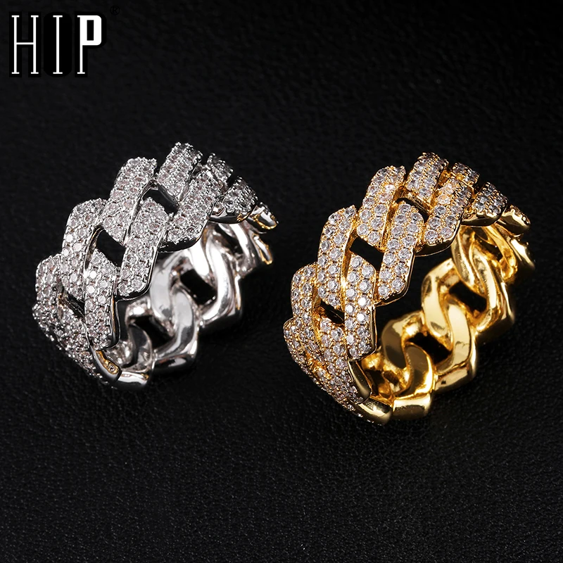 Hip Hop Iced Out Bling Charm Cuban Prong Ring Mens Gold Color Cubic Zirconia Ring For Men Women Jewelry