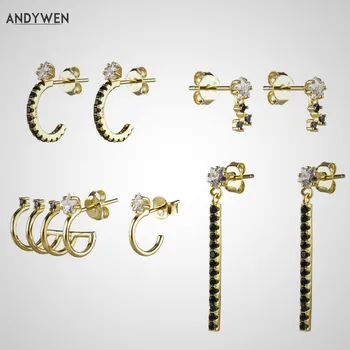 

ANDYWEN 925 Sterling Silver Gold Pendientes Nebula Star Circle Women Hoops Earrings CZ Crystal Round CZ 2019 European Jewellry