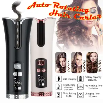 

Cordless Auto Rotating Ceramic Hair Curler USB Rechargeable Curling Iron LED Display Temperature Adjustable Curling Wave Styer