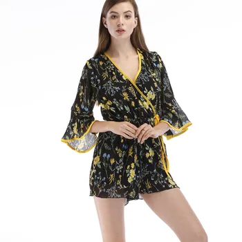 

Sexy Deep V Neck Summer Chiffon Bodysuits Women Floral Print Beach Playsuit Female Short Overalls Jumpsuit Casual Boho Bodysuit