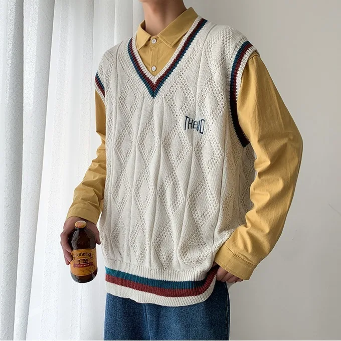 Suéter con estampado de letras para hombre, chaleco masculino con cuello en V, de gran tamaño, estilo Preppy, ropa de calle elegante de uso diario, de punto Retro de ocio, 2XL