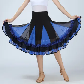 

Women Color Matching Patchwork Dance Practice Dress Latin Dance Big Swing Skirt Ballroom Dress Mesh Perspective Dance Dress