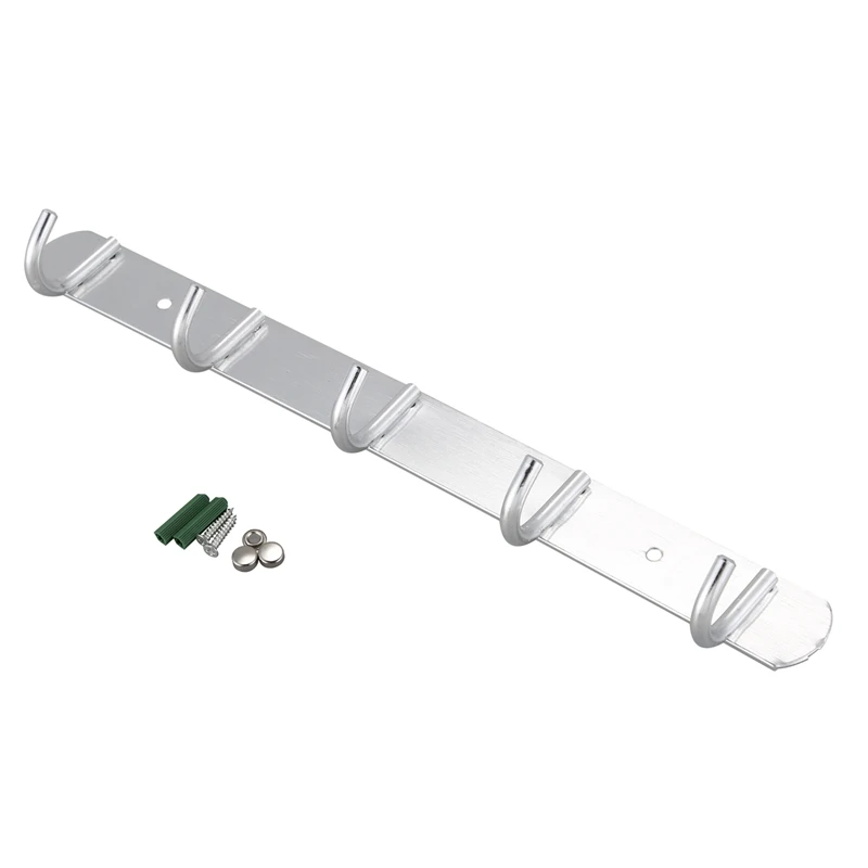 Aluminium Alloy Wall Mounted 5 Round Head Hooks Coat Towel Hat Rack Silver Tone