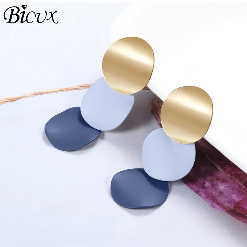 BICUX New Korean Statement Long Drop Earrings for Women Female Fashion Geometry Jewelry Vintage Round Metal Hanging Earring