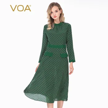

VOA dot printed silk decorative buttons X-shaped waist bump material stitching long-sleeved big swing dress AX51
