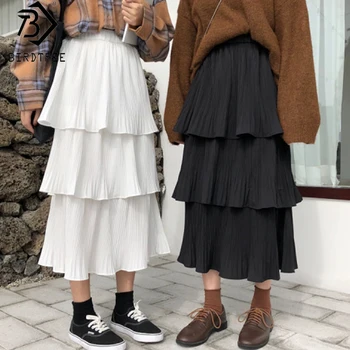 

2020 Spring Casual High Waist Cake Skirt Pleated Mid Length A-Line Elastic Waist Skirt Women B9D851M