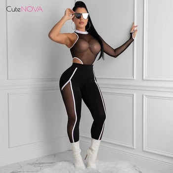 

CuteNOVA mesh spliced 2 piece set women asymmetry sleeve bodysuit+ bodysuit leggings slim outfit sexy elastic partywear clothes