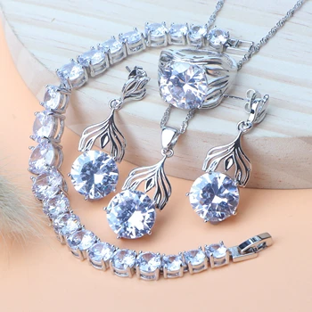 

Wedding Women Jewelry Sets Bridal 925 Silver Costume Jewelry Earrings White Zircon Charms Bracelet Rings Pendant Necklace Set