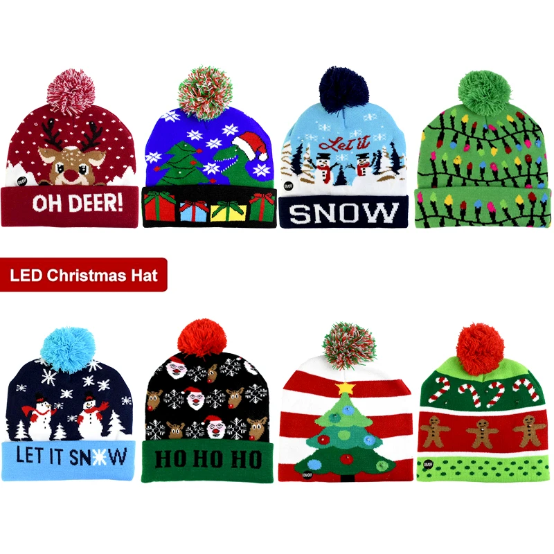 Adult Kids Christmas LED Light Up Beanie Hat Lovely Knitted Santa Claus Cap Gift