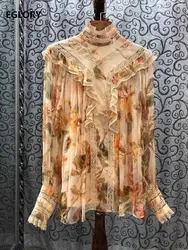 Шелковая рубашка наивысшего качества 2019, Осенние блузки для женщин, воротник с рюшами, Элегантный цветочный принт, кружевные лоскутные