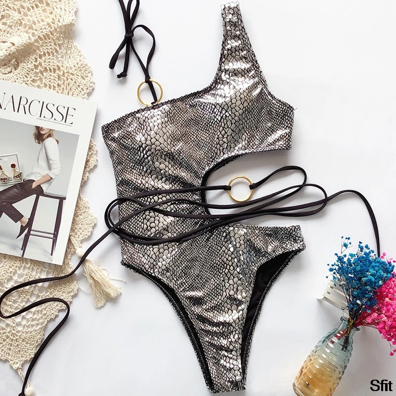 NEW  One Shoulder Bikini 2020 Sexy Sliver Bodycon Knotted Bodysuit Thong Biquine One Piece Swimwear Hot Push Up Monokini