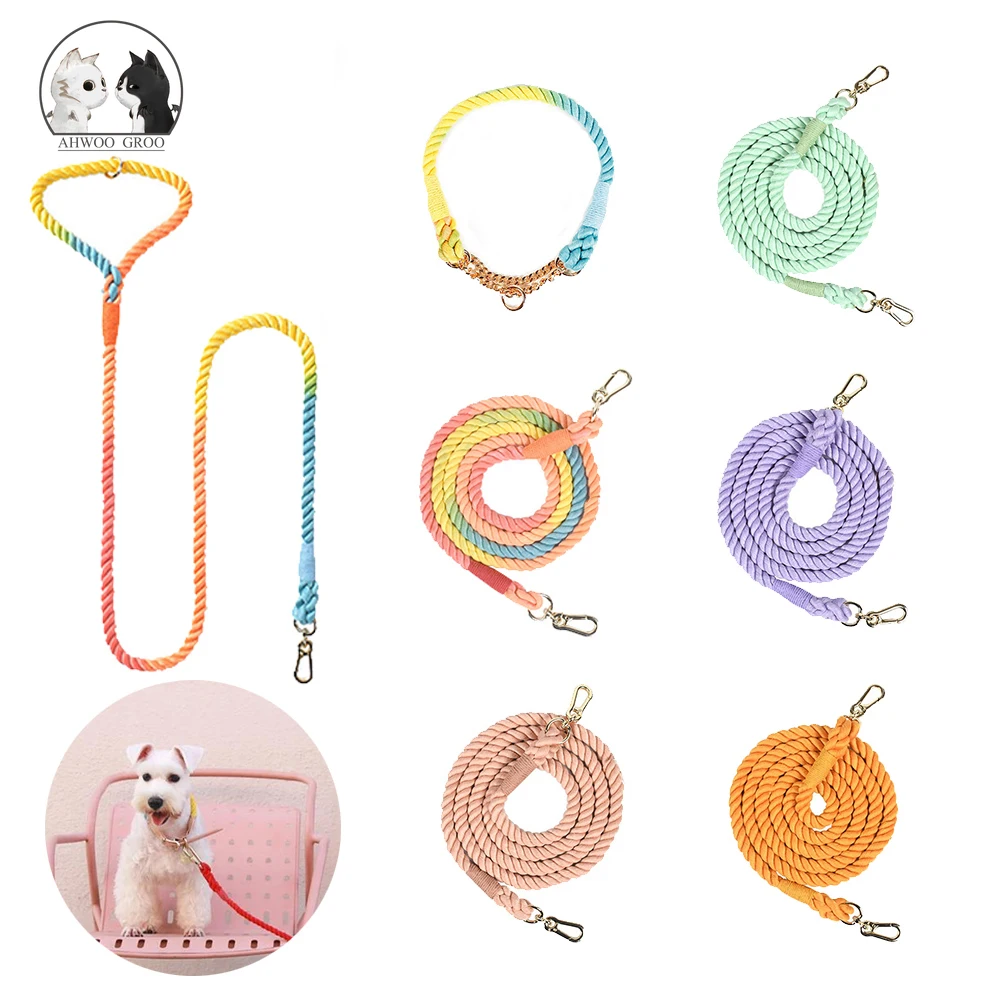 

Радужный поводок для собак, поводок для прогулок с щенками, поводок для большого размера, ремень с ремнем, хлопковый поводок