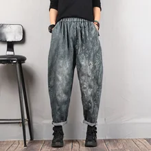 Демисезонный джинсы Для женщин с эластичной резинкой на талии большие размеры джинсовые штаны новинка Повседневные принты со вставками; женские сапоги в стиле ретро брюки, подходящие для любого размера