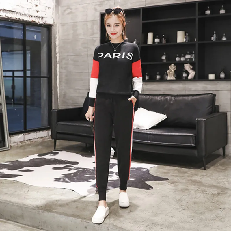 

Autumn Women's Knitting Sportswear 2-piece Suite Women Colour-impact Sweater Pullover+Elastic Waist Knitted Long Pants Suit