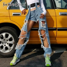 

FAKUNTN Ripped Hole Irregular Women's Straigth Pants High Waist Asymmetrical Tassel Full Length Pant For Female Fashion New