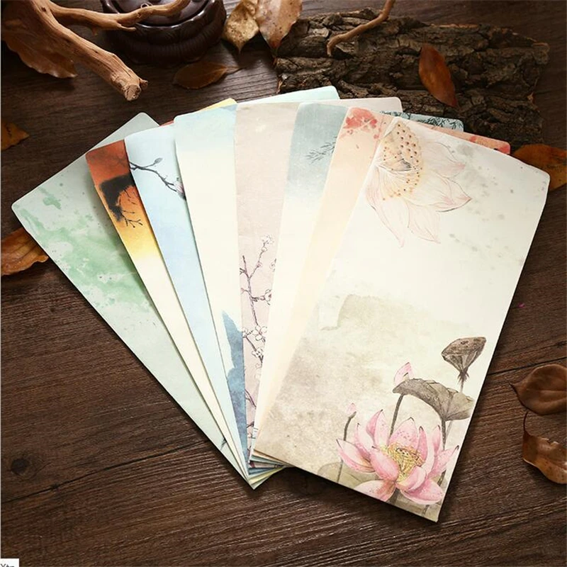6 unids/set estilo chino de sobres de papel juego de papel de carta pintura de loto con tinta flores sobres casa tarjeta postal invitación papelería