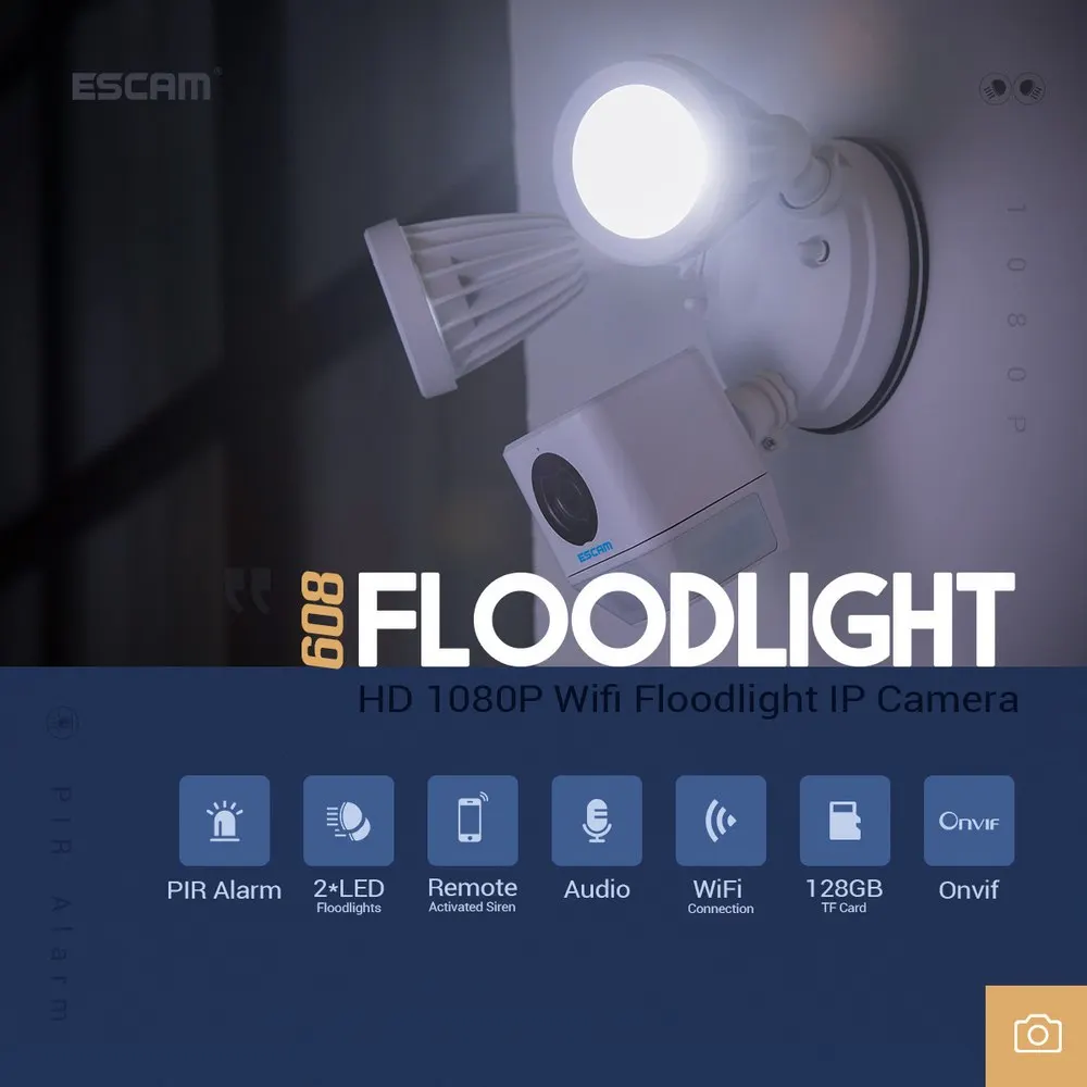 

1080P LED Floodlight WiFi IP Camera PIR Detection Alarm HD Security Two Way Talk Remote Siren ONVIF Night Vision