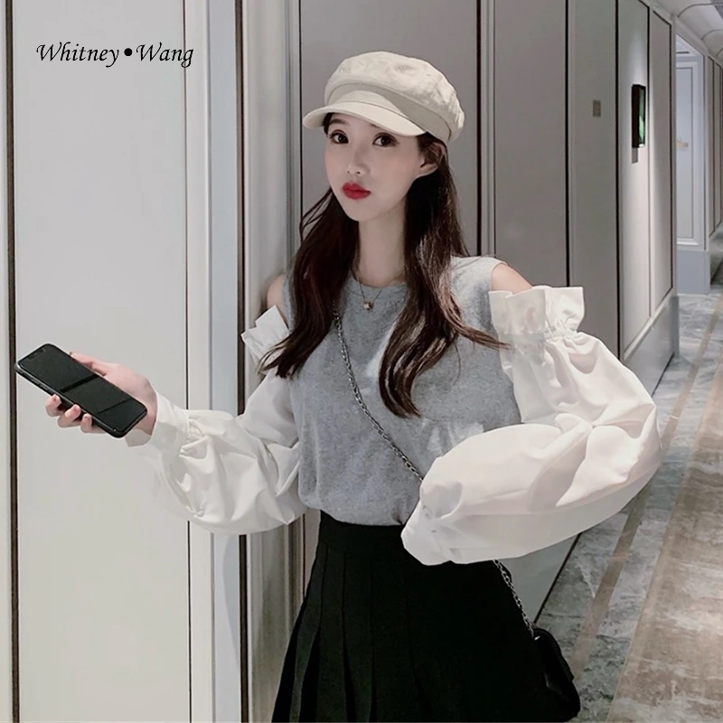 WHITNEY WANG Весенняя модная уличная одежда с вырезами на плечах Лоскутная Толстовка женские толстовки пуловер