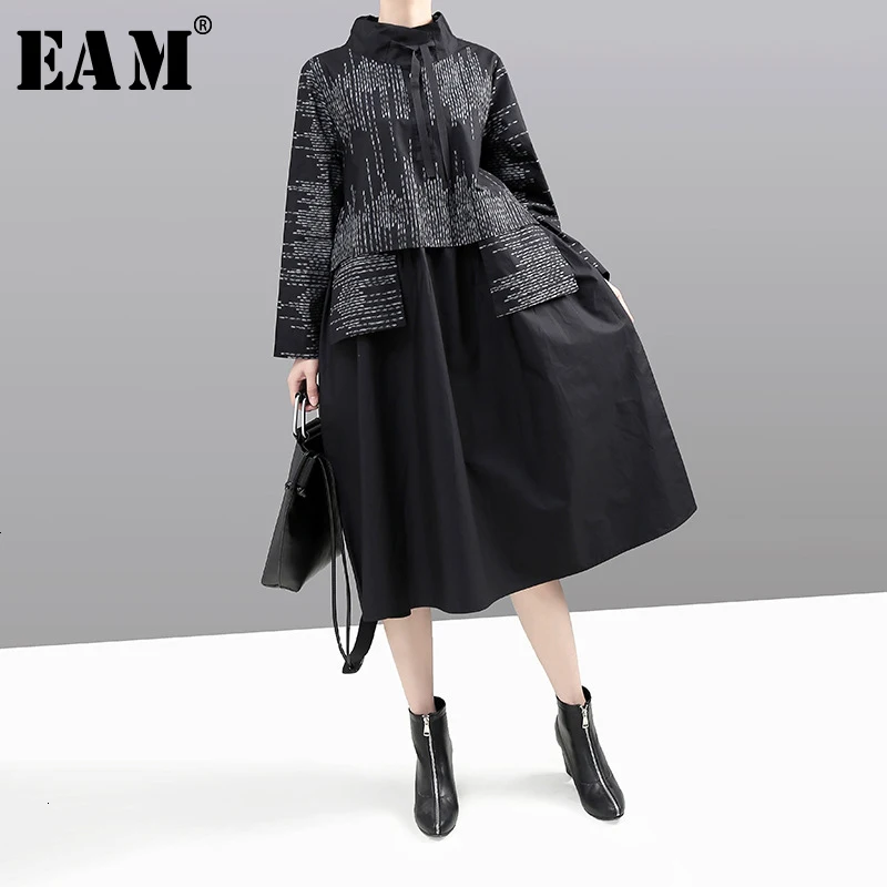  [EAM] Women Patetrn Print Split Joint Temperament Dress New Stand Collar Long Sleeve Loose Fit Fash